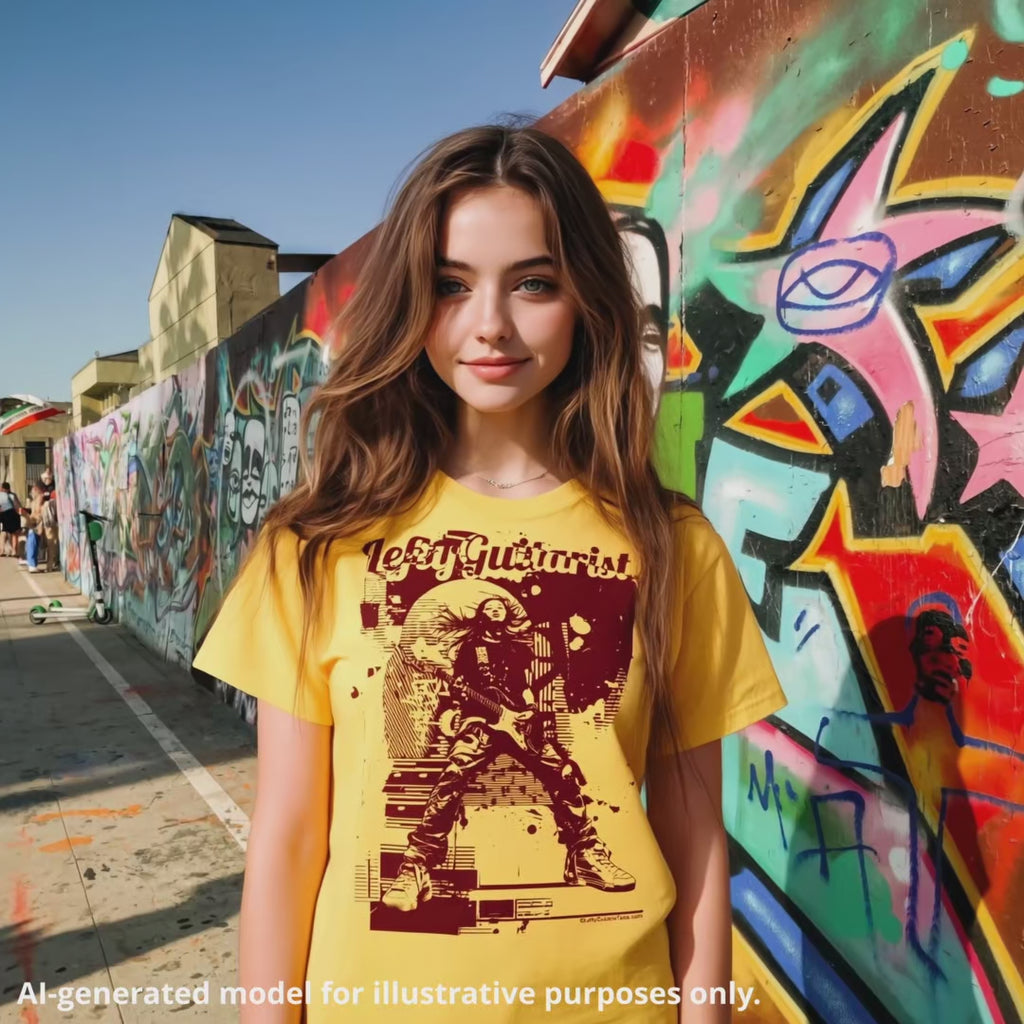 Distortion Queen LeftyGuitarist unisex T-shirt in yellow, featuring a graphic design of a guitarist worn by a long haired woman standing in front of a graffiti covered wall..