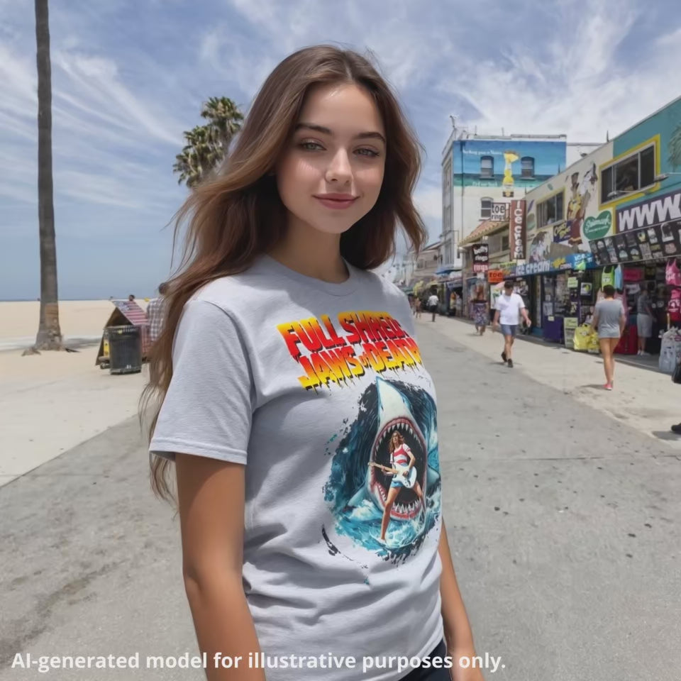 Unisex sport grey t-shirt featuring "Full Shred: Jaws of Death!" graphic with a shark and lefty guitarist design worn by a long haired woman standing on a walkway on Venice Beach, LA, CA.