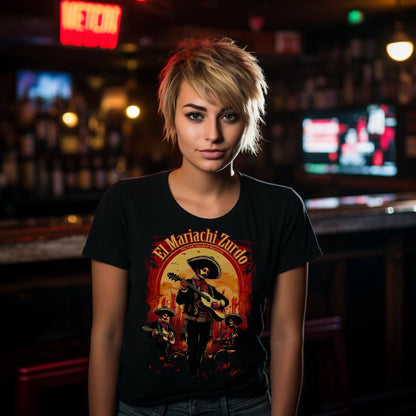 Unisex black T-shirt featuring "El Mariachi Zurdo" graphic with a mariachi musician and vibrant colors worn by a blonde woman.