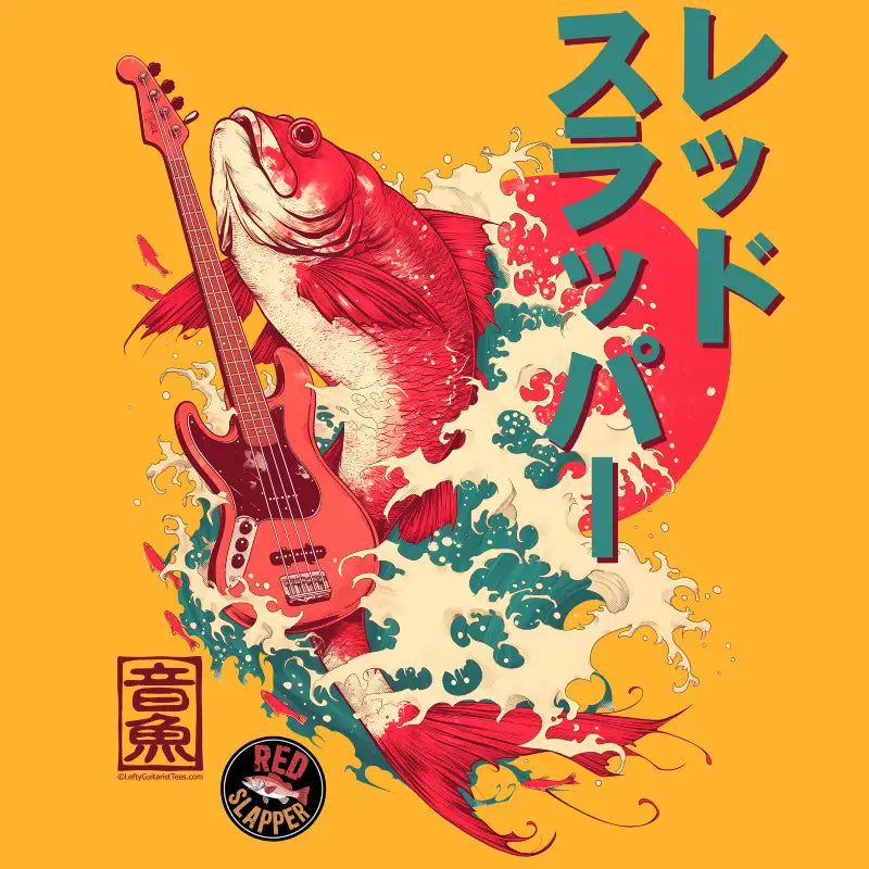 Red Slapper lefty bass guitar T-shirt design featuring a graphic of a Red Snapper fish playing a left handed bass, with waves and Japanese text on a yellow background.