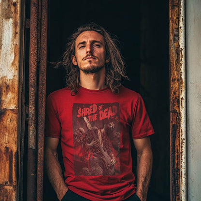 Red unisex T-shirt featuring "Shred of the Dead" graphic with a lefty zombie guitarist in a distressed design.