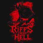 "Riffs From Hell" T-shirt design featuring a red demon left handed guitarist design on a black background.