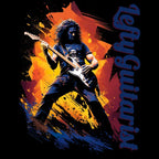 T-shirt design for LeftyGuitarist "Rocker" featuring a guitarist in action with vibrant orange and blue graphic elements.