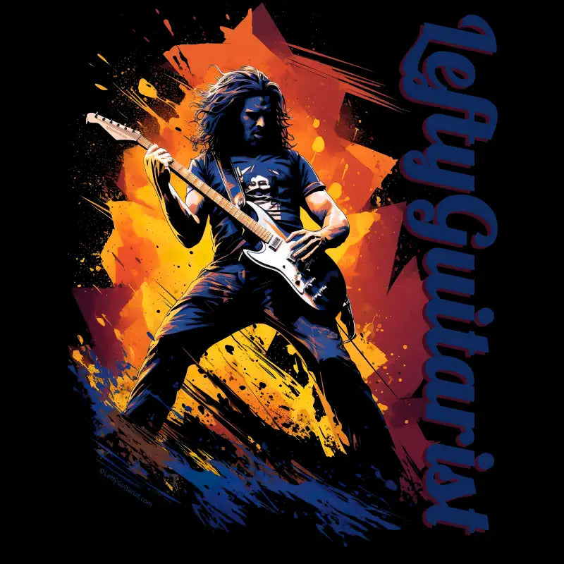 T-shirt design for LeftyGuitarist "Rocker" featuring a guitarist in action with vibrant orange and blue graphic elements.