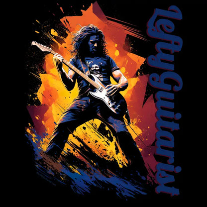 T-shirt design for LeftyGuitarist "Rocker" featuring a guitarist in action with vibrant orange and blue graphic elements.
