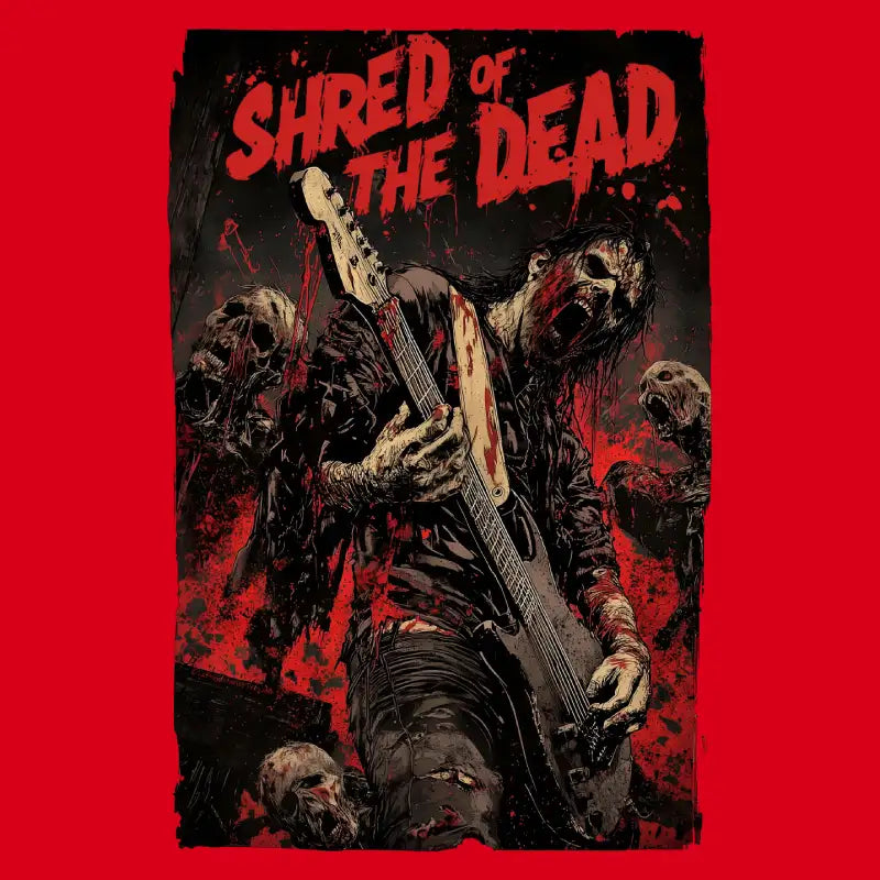 Shred of the Dead" T-shirt design featuring a left handed zombie guitarist with a black guitar against a red and black background.