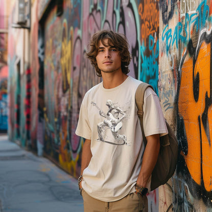 The Lefty Melting Man unisex tee in cream, featuring a graphic of a melting guitarist playing a left handed electric guitar. Worn by a young man in front of a graffitied wall.