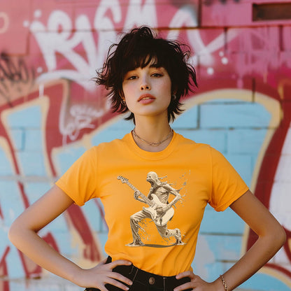 The Lefty Melting Man unisex tee features a graphic of a melting left handed guitarist on a vibrant yellow shirt, worn by a model against a graffitied wall