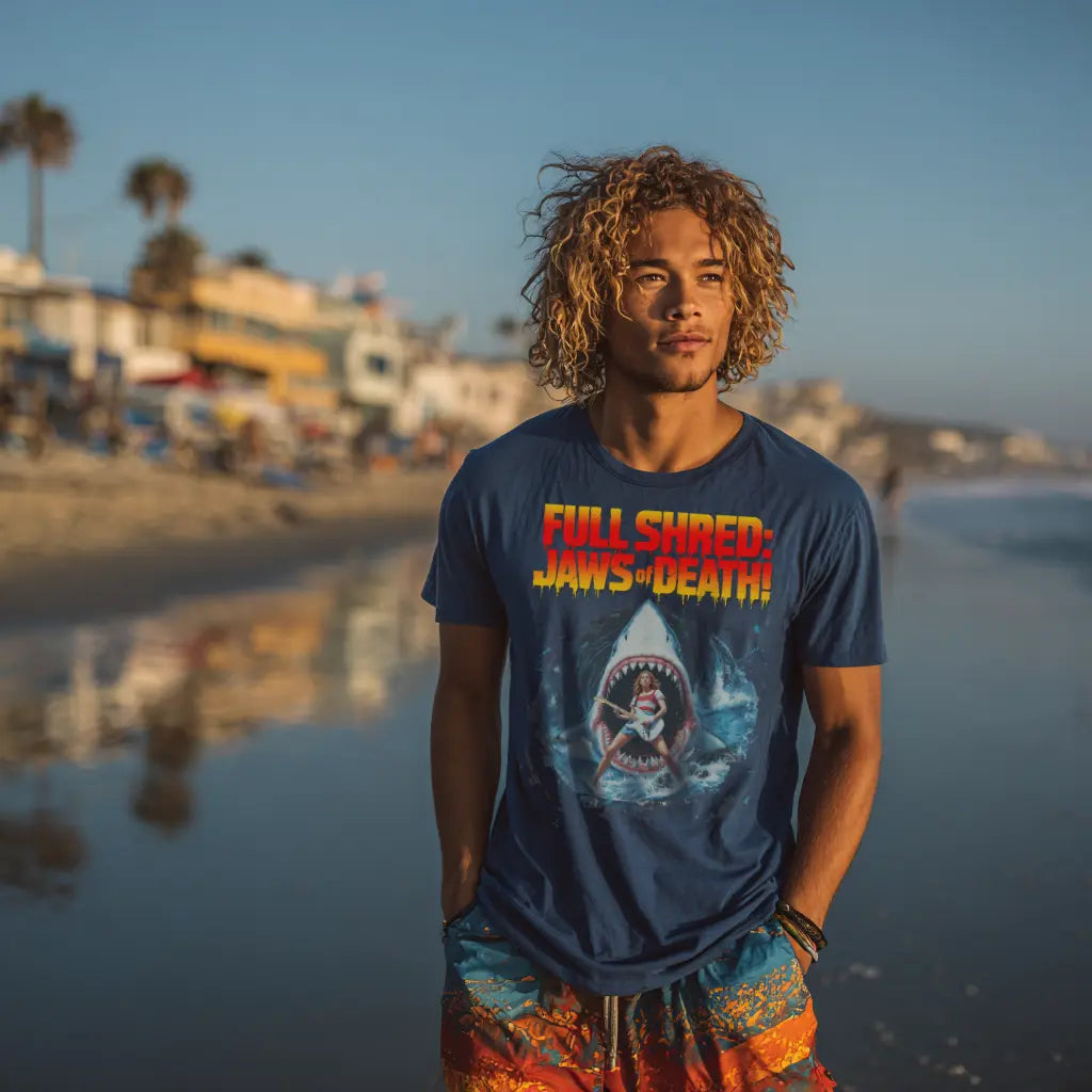 A blue t-shirt featuring "Full Shred: Jaws of Death!" graphic, worn by a person on a beach at sunset.