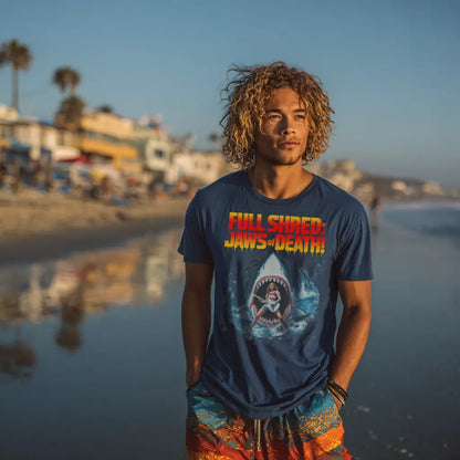A blue t-shirt featuring "Full Shred: Jaws of Death!" graphic, worn by a person on a beach at sunset.