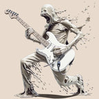 The Lefty Melting Man t-shirt design features a surreal, melting figure playing a white left handed electric Strat-type guitar against a beige background