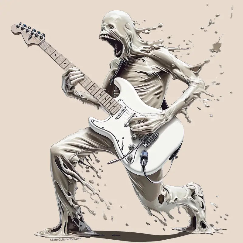 The Lefty Melting Man t-shirt design features a surreal, melting figure playing a white left handed electric Strat-type guitar against a beige background