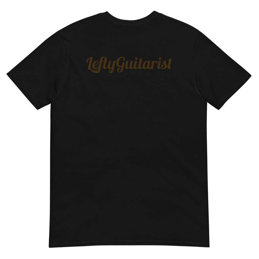Black unisex t-shirt featuring the "LeftyGuitarist" logo in gold on the back.
