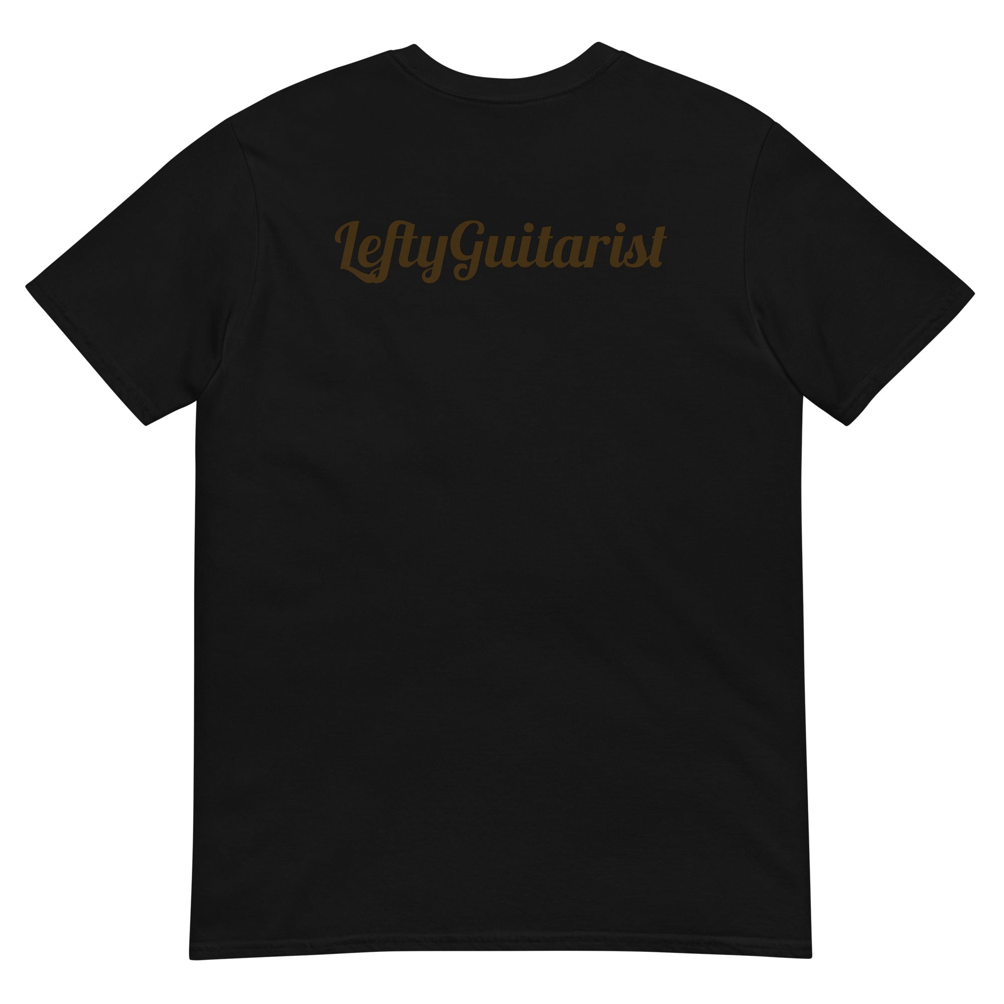Black unisex t-shirt featuring the "LeftyGuitarist" logo in gold on the back.