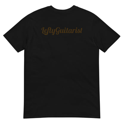 Black unisex t-shirt featuring the "LeftyGuitarist" logo in gold on the back.