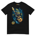 Black unisex T-shirt featuring a bass fish holding a lefty bass guitar, with "Badass Bass" text and water splash design.