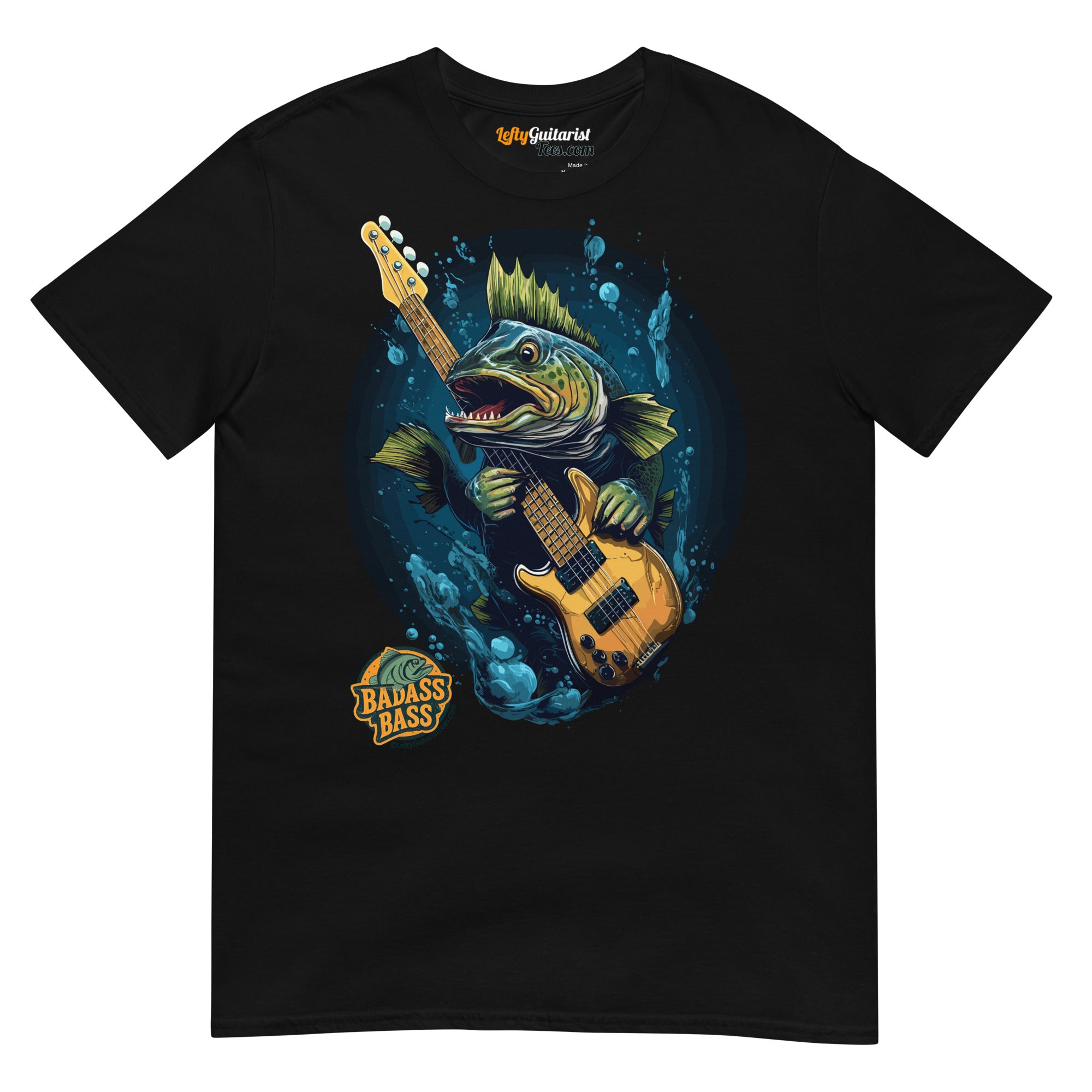 Black unisex T-shirt featuring a bass fish holding a lefty bass guitar, with "Badass Bass" text and water splash design.