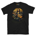 Black unisex T-shirt featuring a graphic of a woman playing guitar left handed, inspired by the Mona Lisa painting.