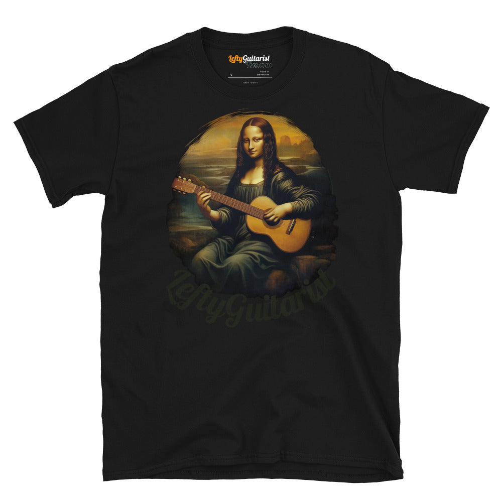 Black unisex T-shirt featuring a graphic of a woman playing guitar left handed, inspired by the Mona Lisa painting.