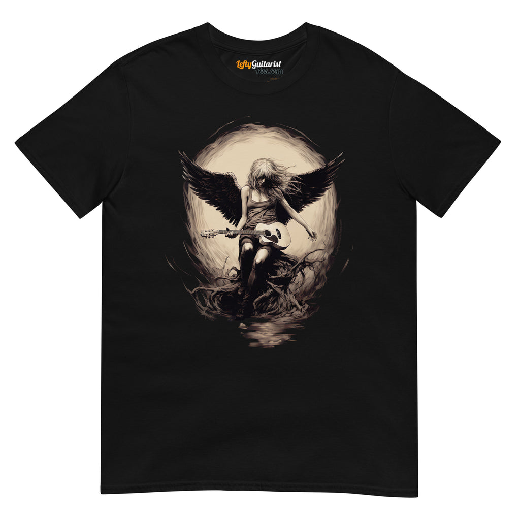 Black unisex T-shirt featuring a graphic of an angelic figure playing lefty guitar with wings, set against a circular light back...