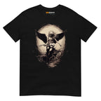 Black unisex T-shirt featuring a graphic of an angelic figure playing lefty guitar with wings, set against a circular light back...