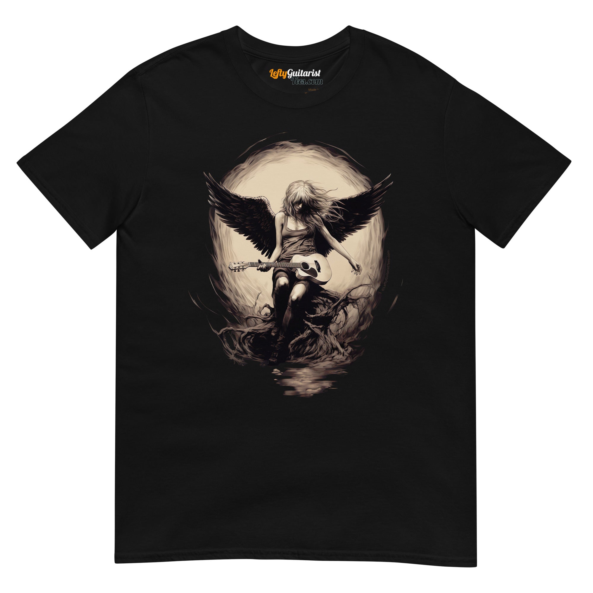 Black unisex T-shirt featuring a graphic of an angelic figure playing lefty guitar with wings, set against a circular light back...