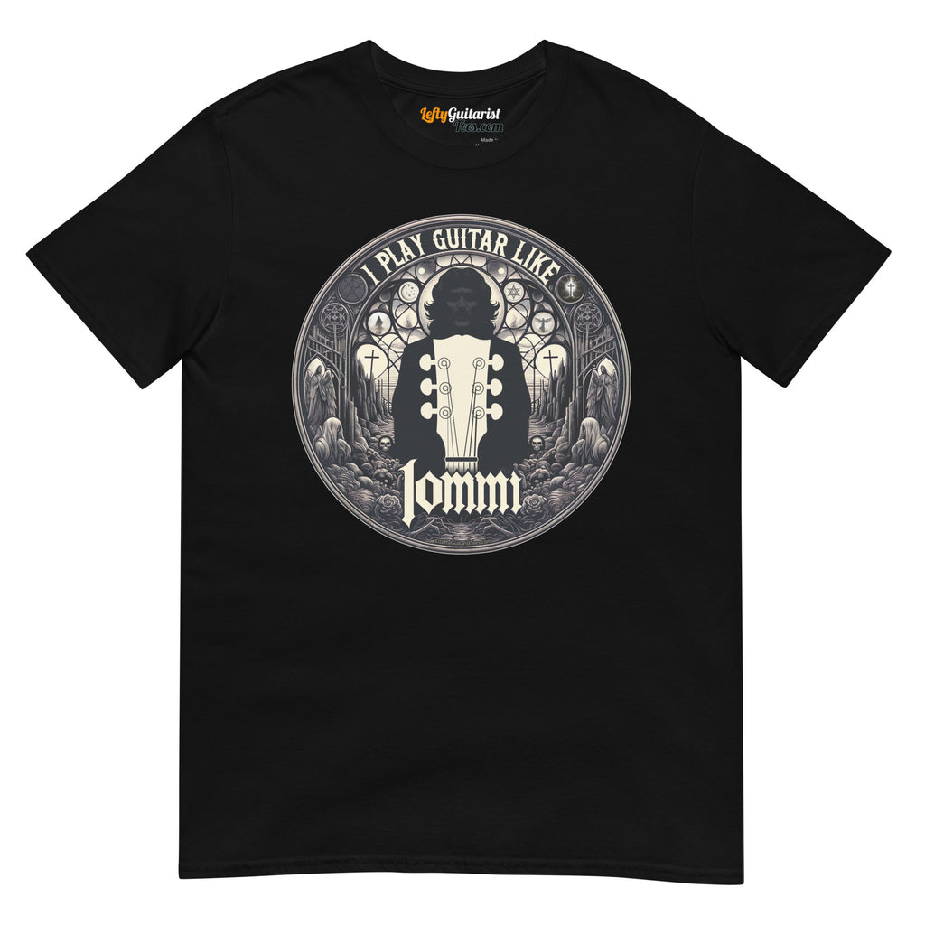 Black unisex T-shirt featuring a circular graphic with "I Play Guitar Like Iommi" and a guitar headstock silhouette.