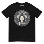 Black unisex T-shirt featuring a circular graphic with "I Play Guitar Like Iommi" and a guitar headstock silhouette.