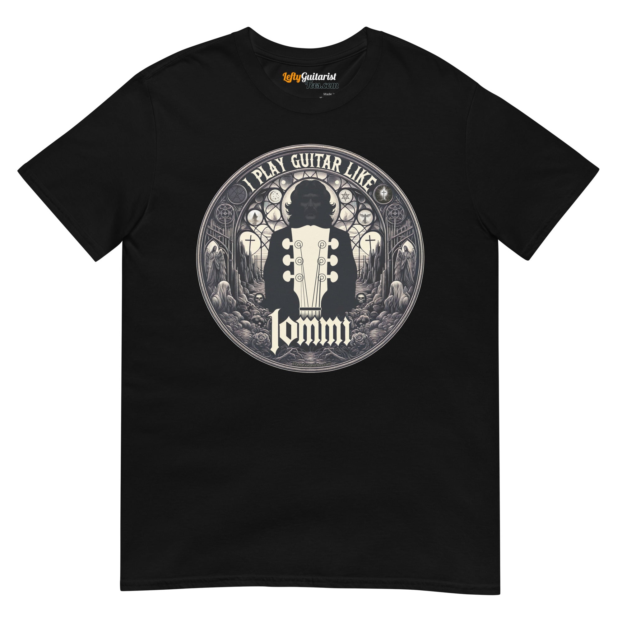 Black unisex T-shirt featuring a circular graphic with "I Play Guitar Like Iommi" and a guitar headstock silhouette.