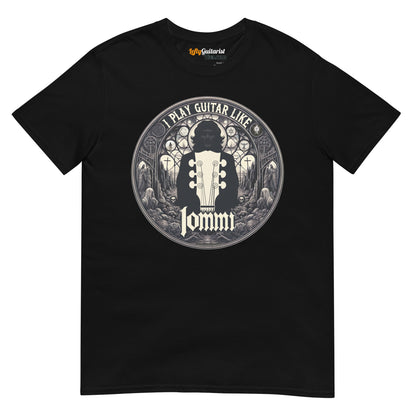 Black unisex T-shirt featuring a circular graphic with "I Play Guitar Like Iommi" and a guitar headstock silhouette.