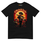 El Mariachi Zurdo unisex T-shirt in black featuring a colorful graphic of a mariachi band.