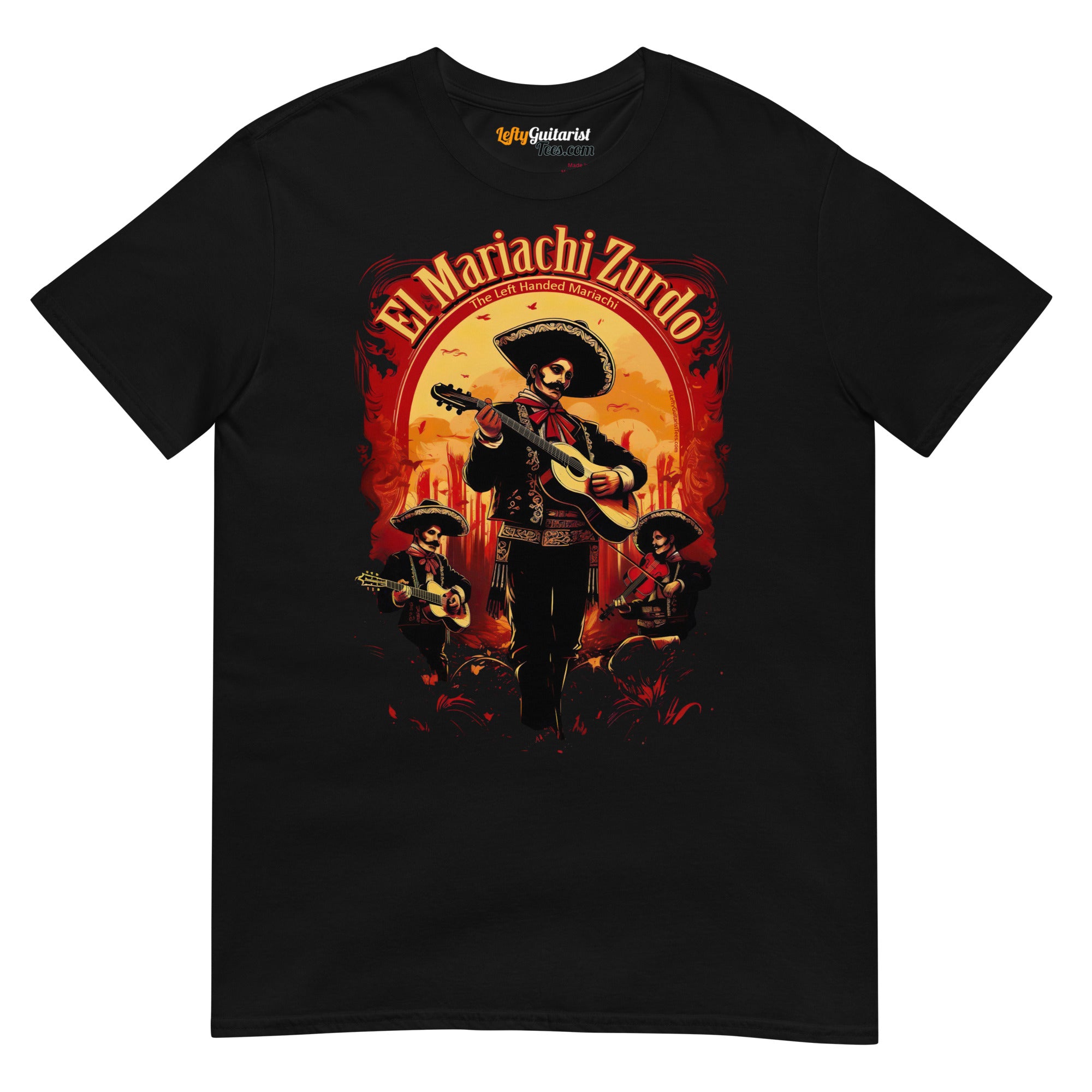 El Mariachi Zurdo unisex T-shirt in black featuring a colorful graphic of a mariachi band.