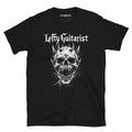 Black unisex T-shirt featuring a horned skull graphic and "Lefty Guitarist" text in white.
