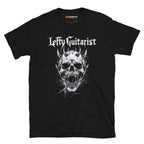 Black unisex T-shirt featuring a horned skull graphic and "Lefty Guitarist" text in white.