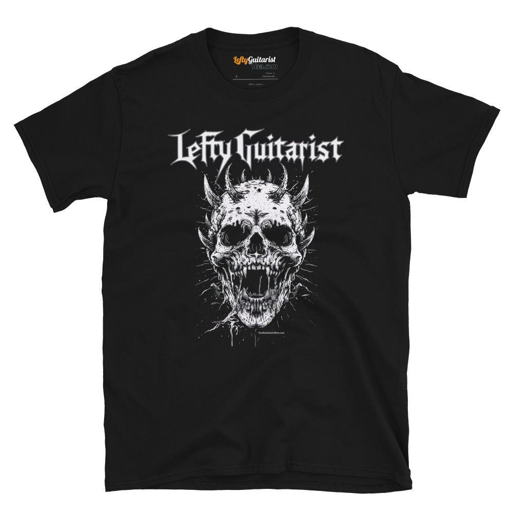 Black unisex T-shirt featuring a horned skull graphic and "Lefty Guitarist" text in white.