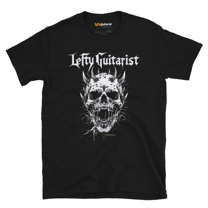 Black unisex T-shirt featuring a horned skull graphic and "Lefty Guitarist" text in white.