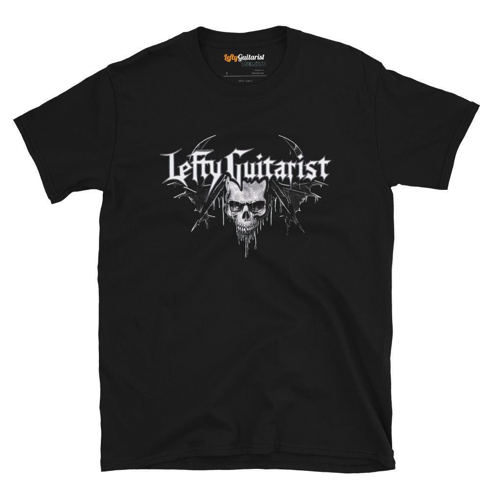 Black unisex T-shirt featuring a skull graphic and "LeftyGuitarist" text in a stylized font.