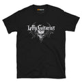 Black unisex T-shirt featuring a skull graphic and "LeftyGuitarist" text in a stylized font.
