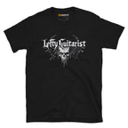 Black unisex T-shirt featuring a skull graphic and "LeftyGuitarist" text in a stylized font.