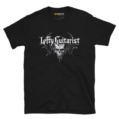 Black unisex T-shirt featuring a skull graphic and "LeftyGuitarist" text in a stylized font.