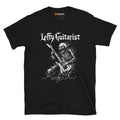 Black unisex t-shirt featuring a skeleton playing lefty guitar with "LeftyGuitarist" text above in a bold font.