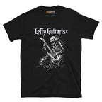 Black unisex t-shirt featuring a skeleton playing lefty guitar with "LeftyGuitarist" text above in a bold font.