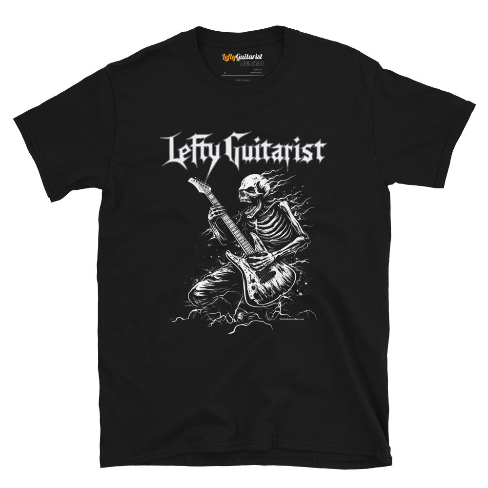 Black unisex t-shirt featuring a skeleton playing lefty guitar with "LeftyGuitarist" text above in a bold font.