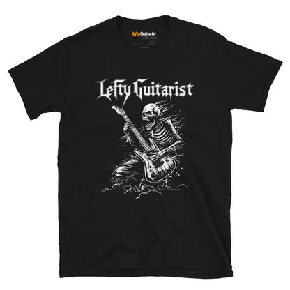 Black unisex t-shirt featuring a skeleton playing lefty guitar with "LeftyGuitarist" text above in a bold font.