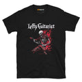 Flaming red skeleton graphic on a black unisex T-shirt, featuring the text "LeftyGuitarist" above.