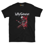 Flaming red skeleton graphic on a black unisex T-shirt, featuring the text "LeftyGuitarist" above.