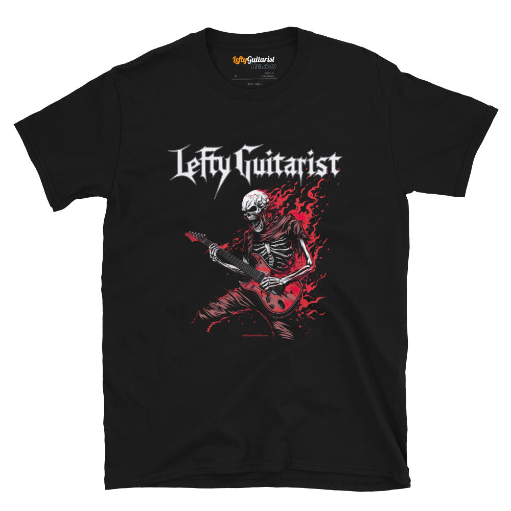 Flaming red skeleton graphic on a black unisex T-shirt, featuring the text "LeftyGuitarist" above.