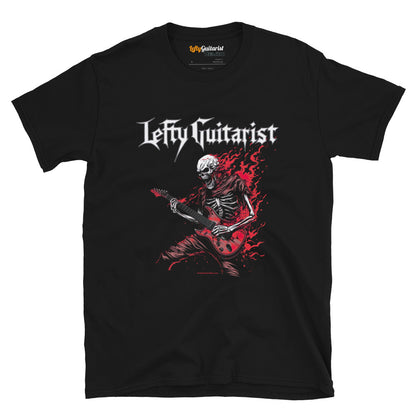 Flaming red skeleton graphic on a black unisex T-shirt, featuring the text "LeftyGuitarist" above.