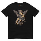 Black unisex T-shirt featuring Cupid playing guitar with wings and ornate design.