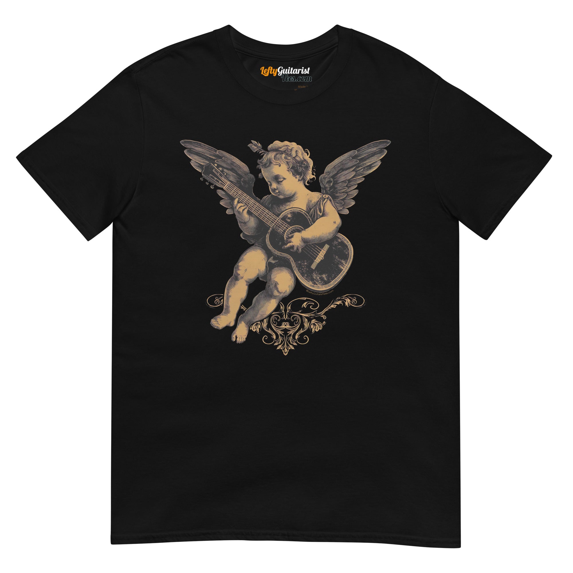 Black unisex T-shirt featuring Cupid playing guitar with wings and ornate design.